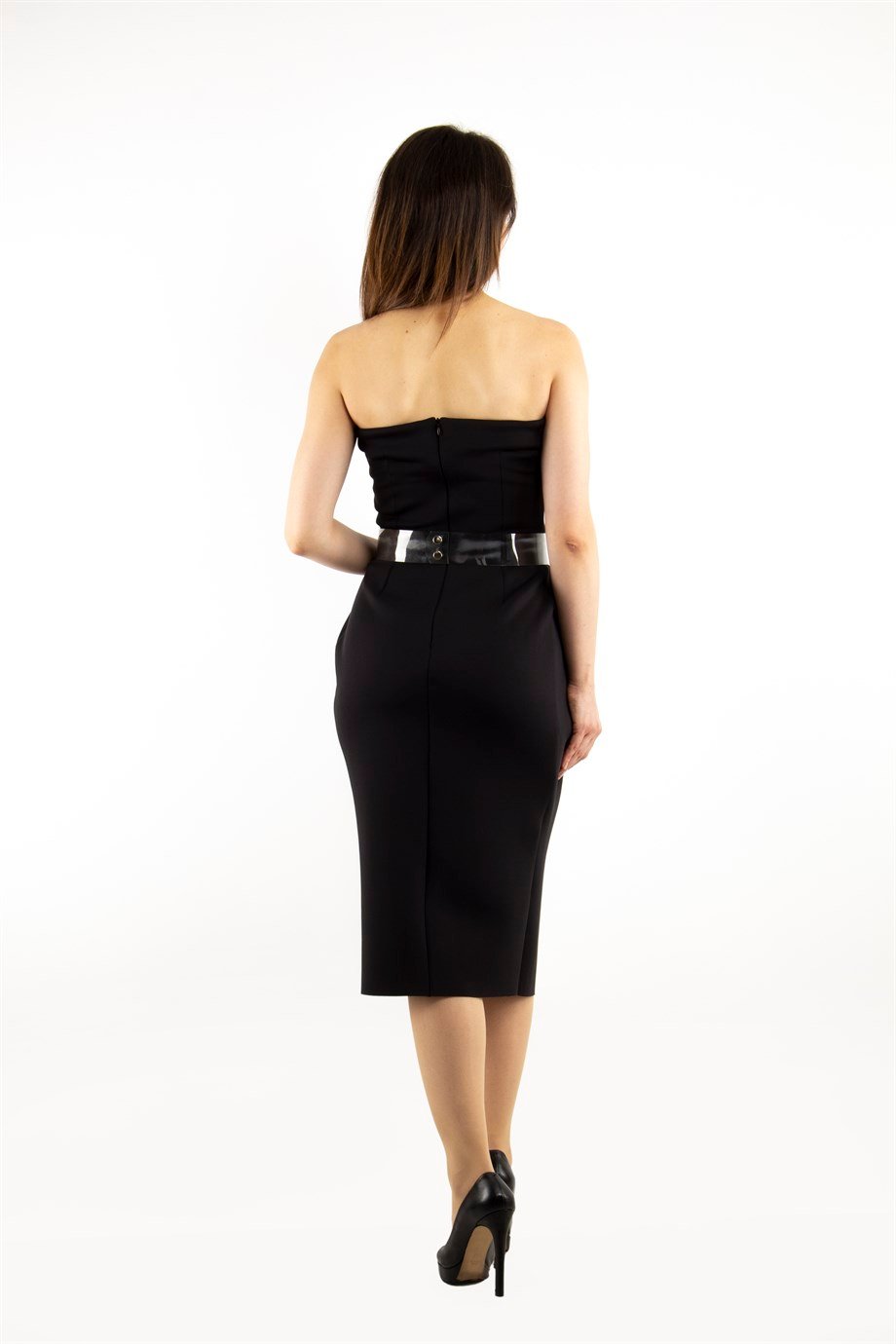 Off Shoulder Mini Scuba Dress With Transparent Belt Detail - Black