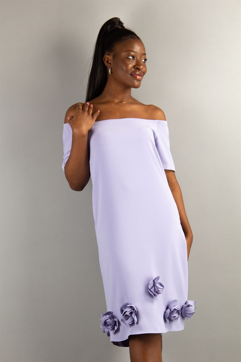 Off The Shoulder Rose Hem Dress - Levander