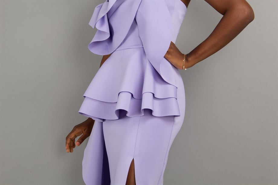 Off The Shoulder Ruffle Peplum Scuba Dress With Big Flower Detail - Lilac