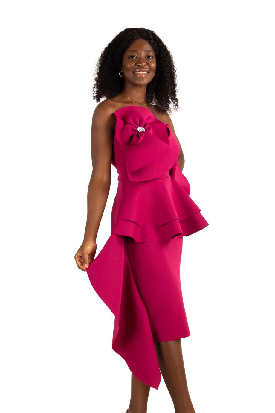 Off The Shoulder Ruffle Peplum Scuba Dress With Big Flower Detail - Maroon
