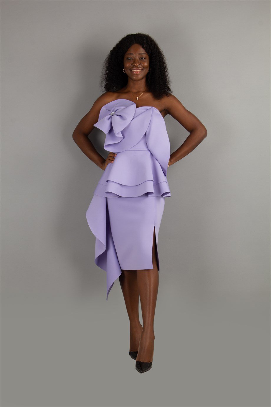 Off The Shoulder Ruffle Peplum Scuba Dress With Big Flower Detail - Lilac