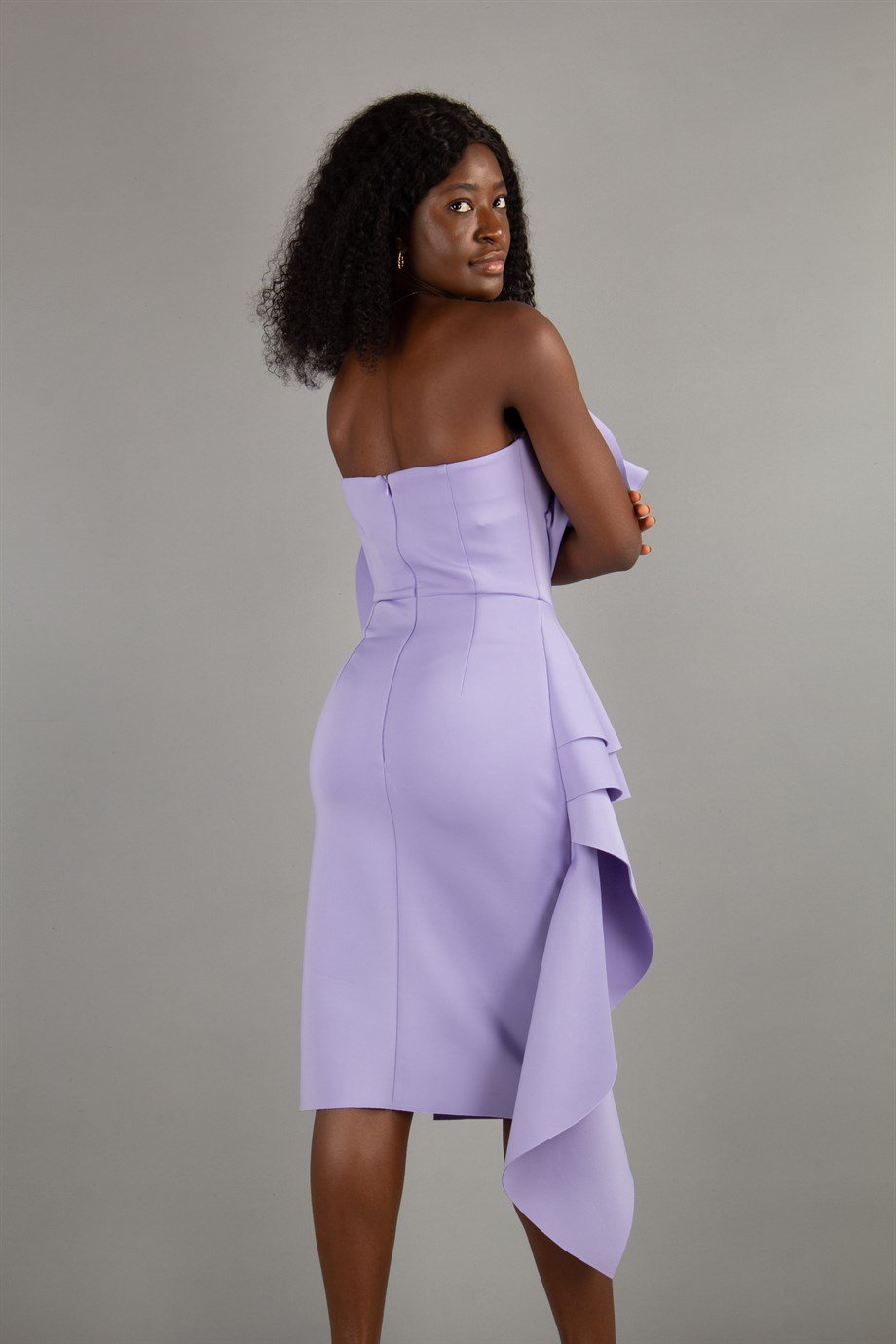 Off The Shoulder Ruffle Peplum Scuba Dress With Big Flower Detail - Lilac