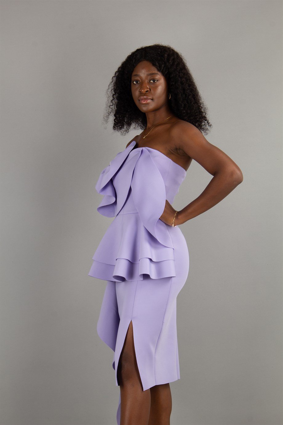 Off The Shoulder Ruffle Peplum Scuba Dress With Big Flower Detail - Lilac