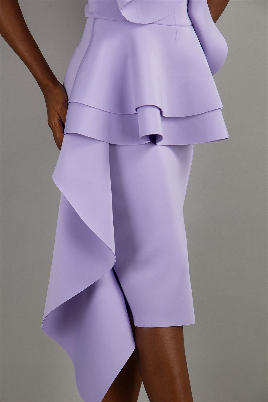 Off The Shoulder Ruffle Peplum Scuba Dress With Big Flower Detail - Lilac