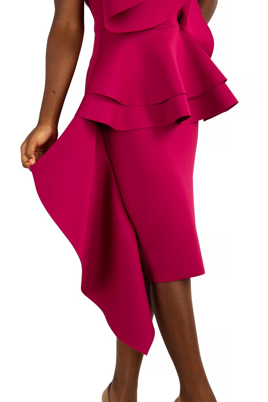 Off The Shoulder Ruffle Peplum Scuba Dress With Big Flower Detail - Maroon
