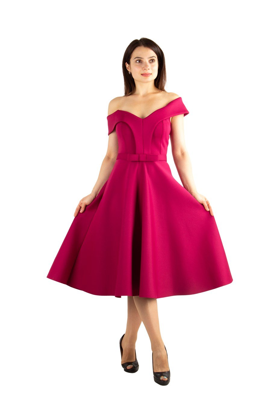 Off The Shoulder Skater Scuba Dress - Maroon