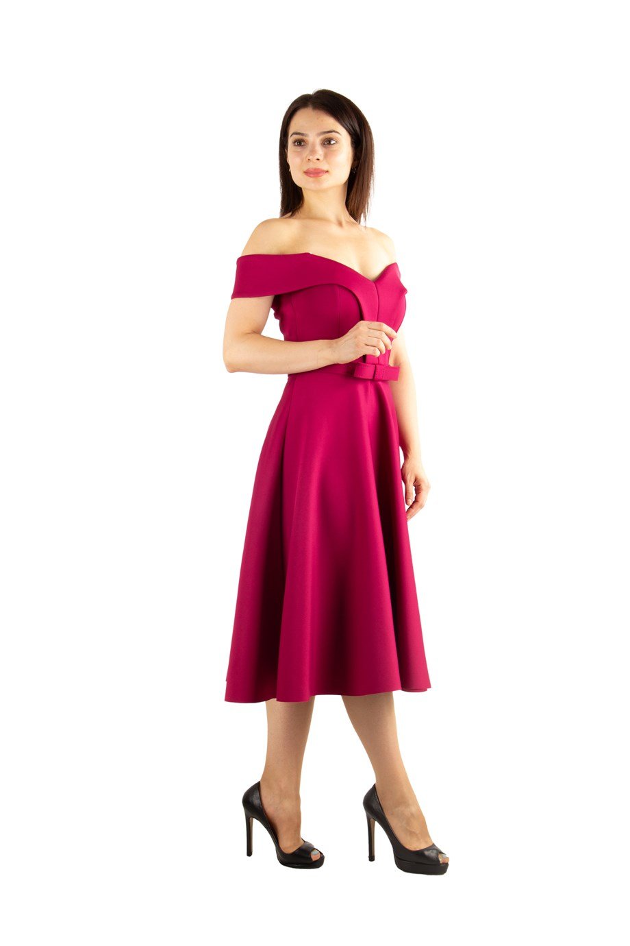Off The Shoulder Skater Scuba Dress - Maroon