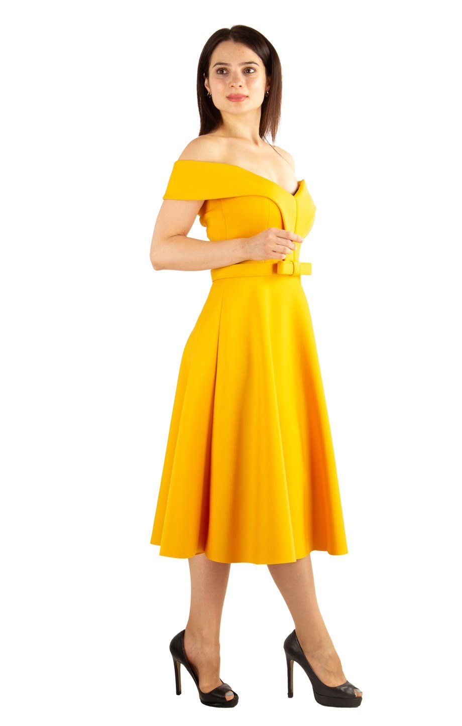 Off The Shoulder Skater Scuba Dress - Mustard