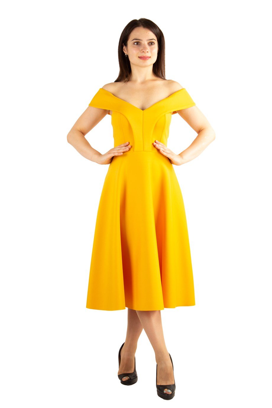 Off The Shoulder Skater Scuba Dress - Mustard
