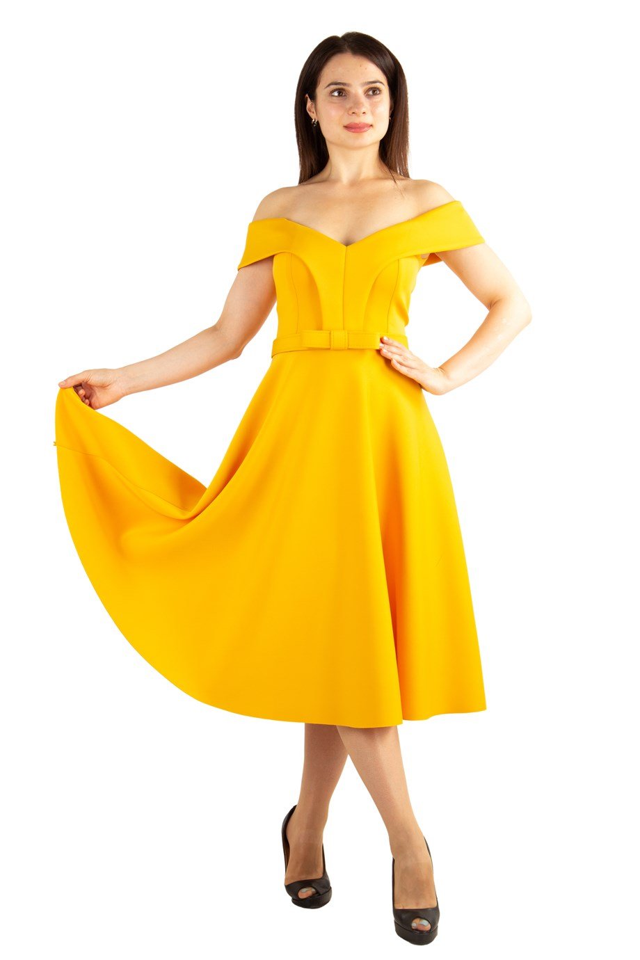 Off The Shoulder Skater Scuba Dress - Mustard
