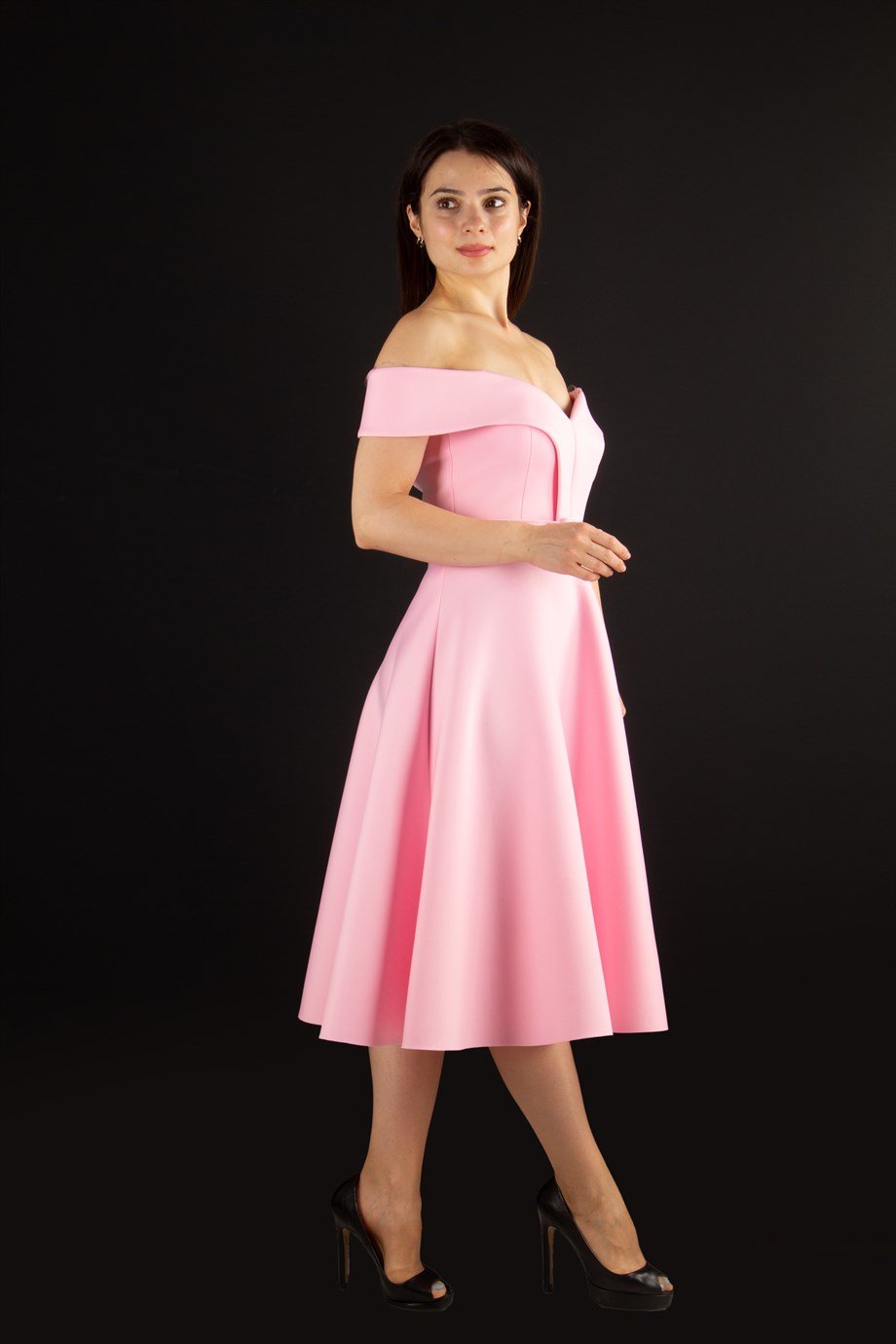 Off The Shoulder Skater Scuba Dress - Pink