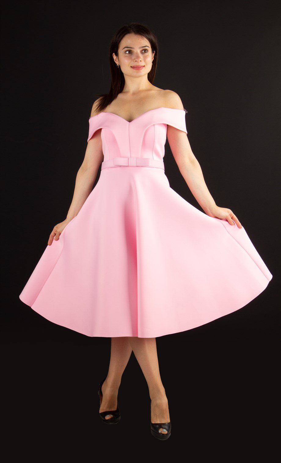 Off The Shoulder Skater Scuba Dress - Pink