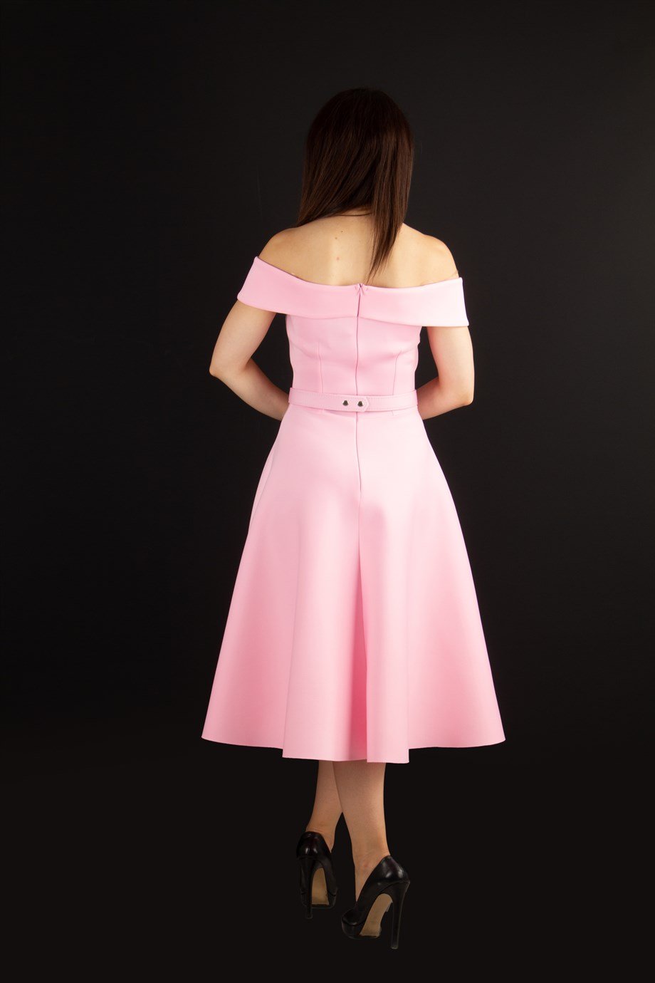 Off The Shoulder Skater Scuba Dress - Pink