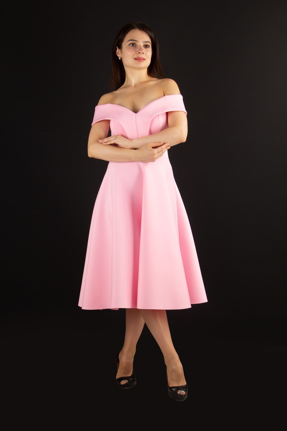 Off The Shoulder Skater Scuba Dress - Pink