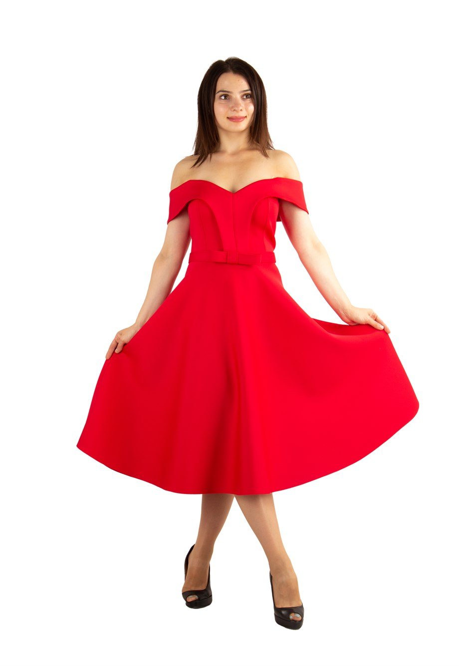 Off The Shoulder Skater Scuba Dress - Red