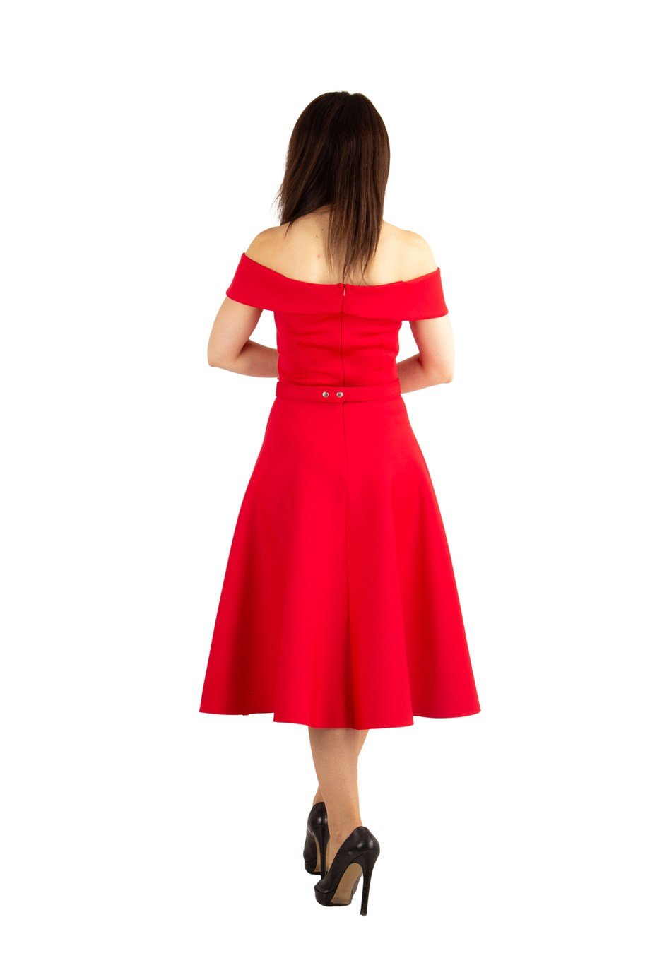 Off The Shoulder Skater Scuba Dress - Red