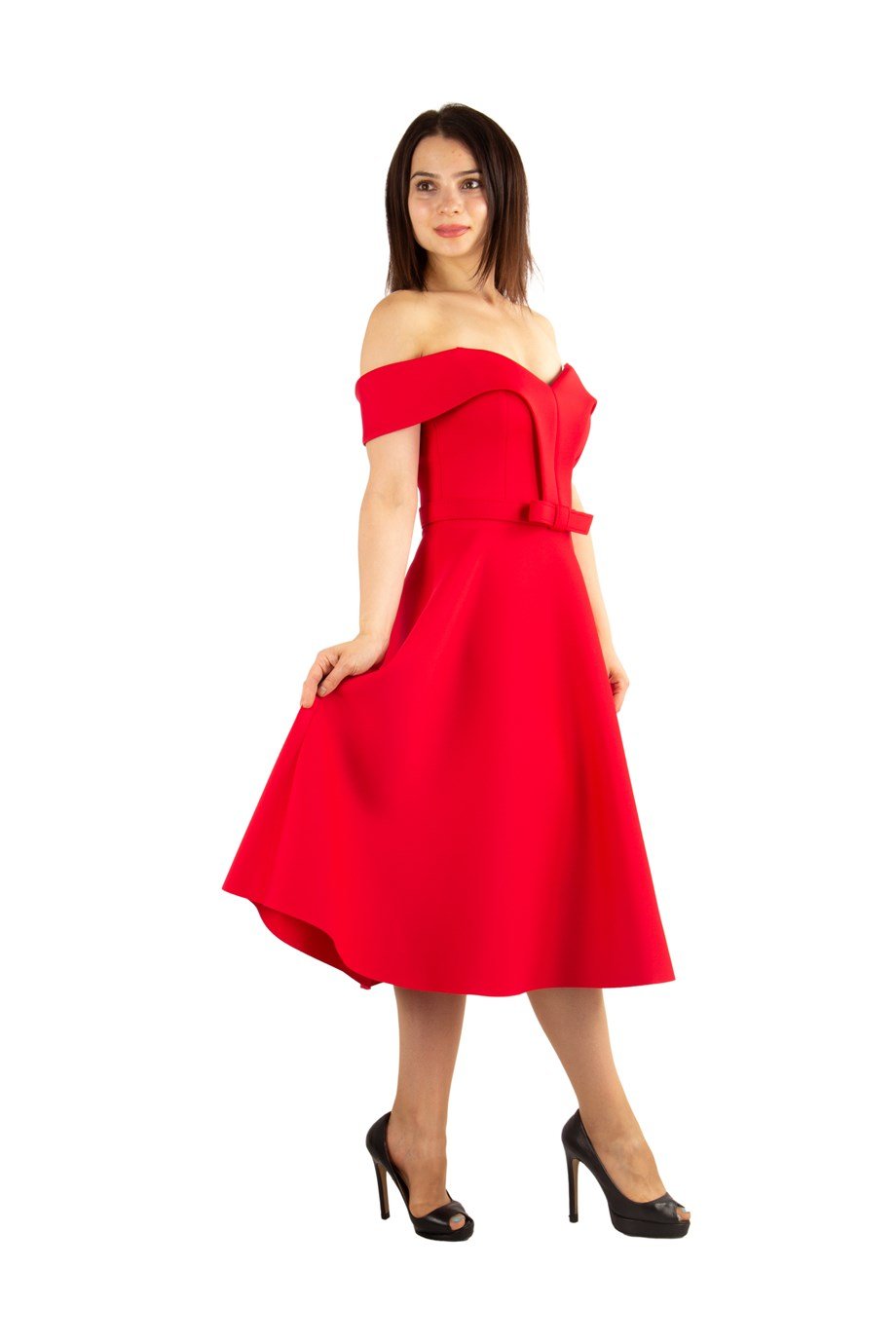 Off The Shoulder Skater Scuba Dress - Red