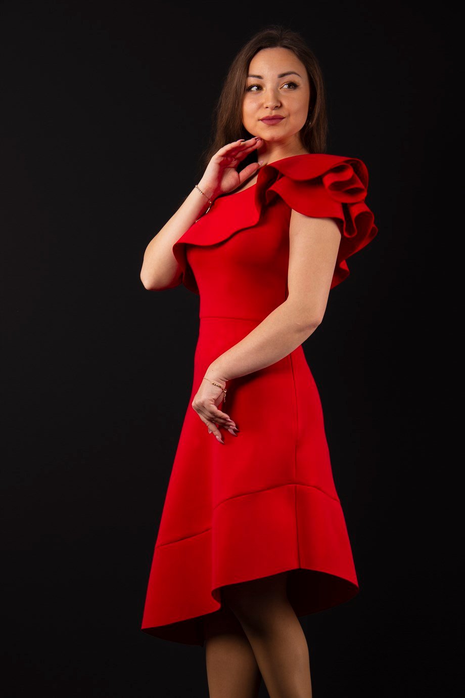 One Shoulder Asymmetric Scuba Dress - Red
