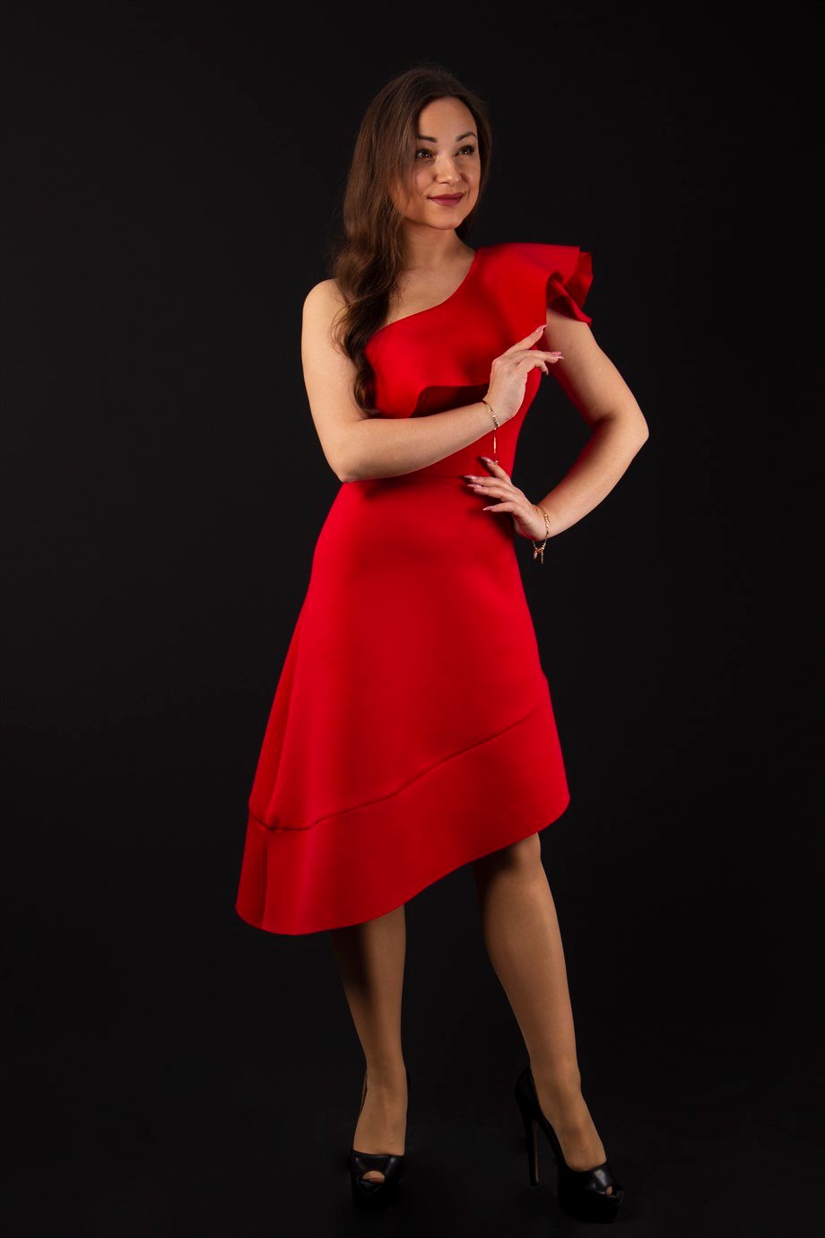 One Shoulder Asymmetric Scuba Dress - Red