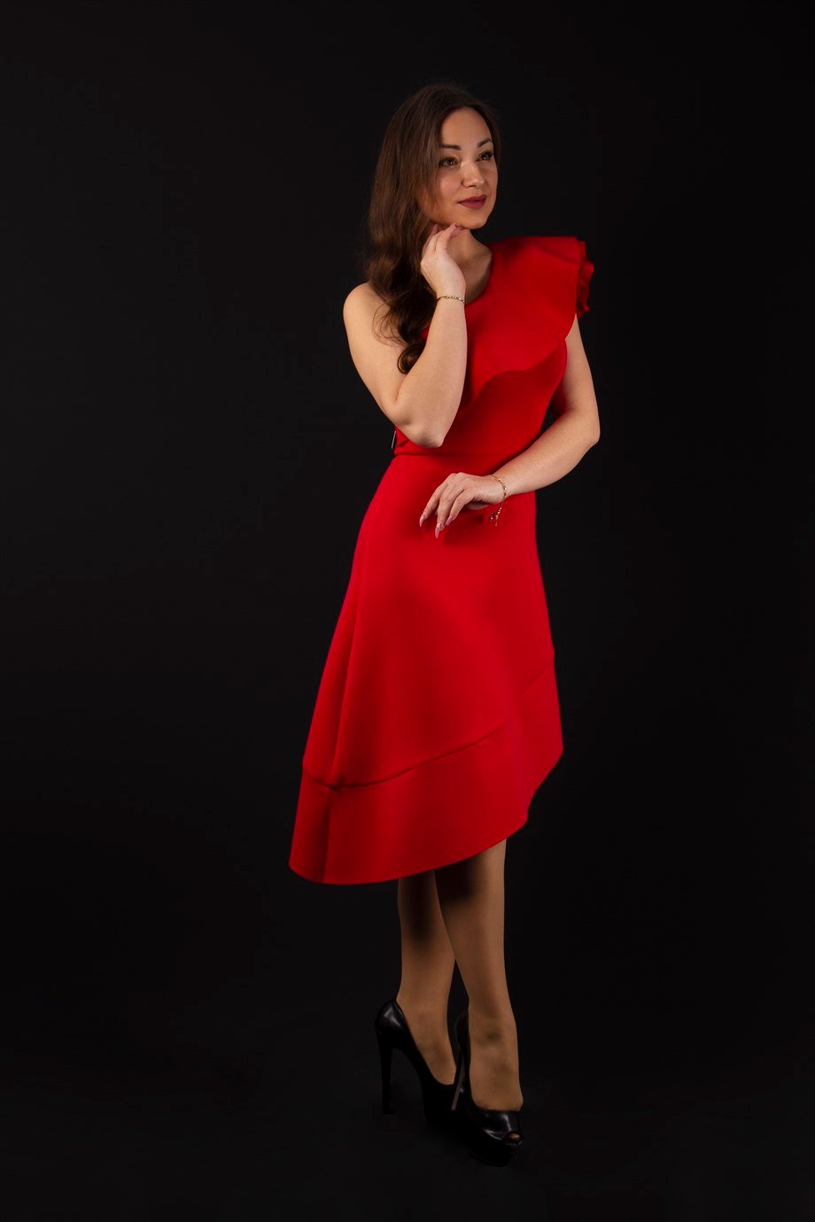 One Shoulder Asymmetric Scuba Dress - Red