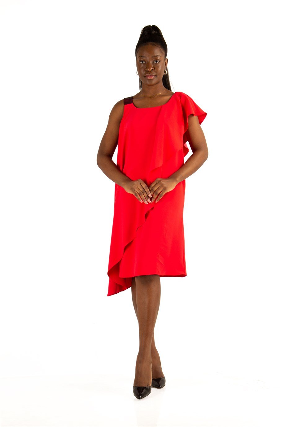 One Shoulder Draped Midi Dress - Red