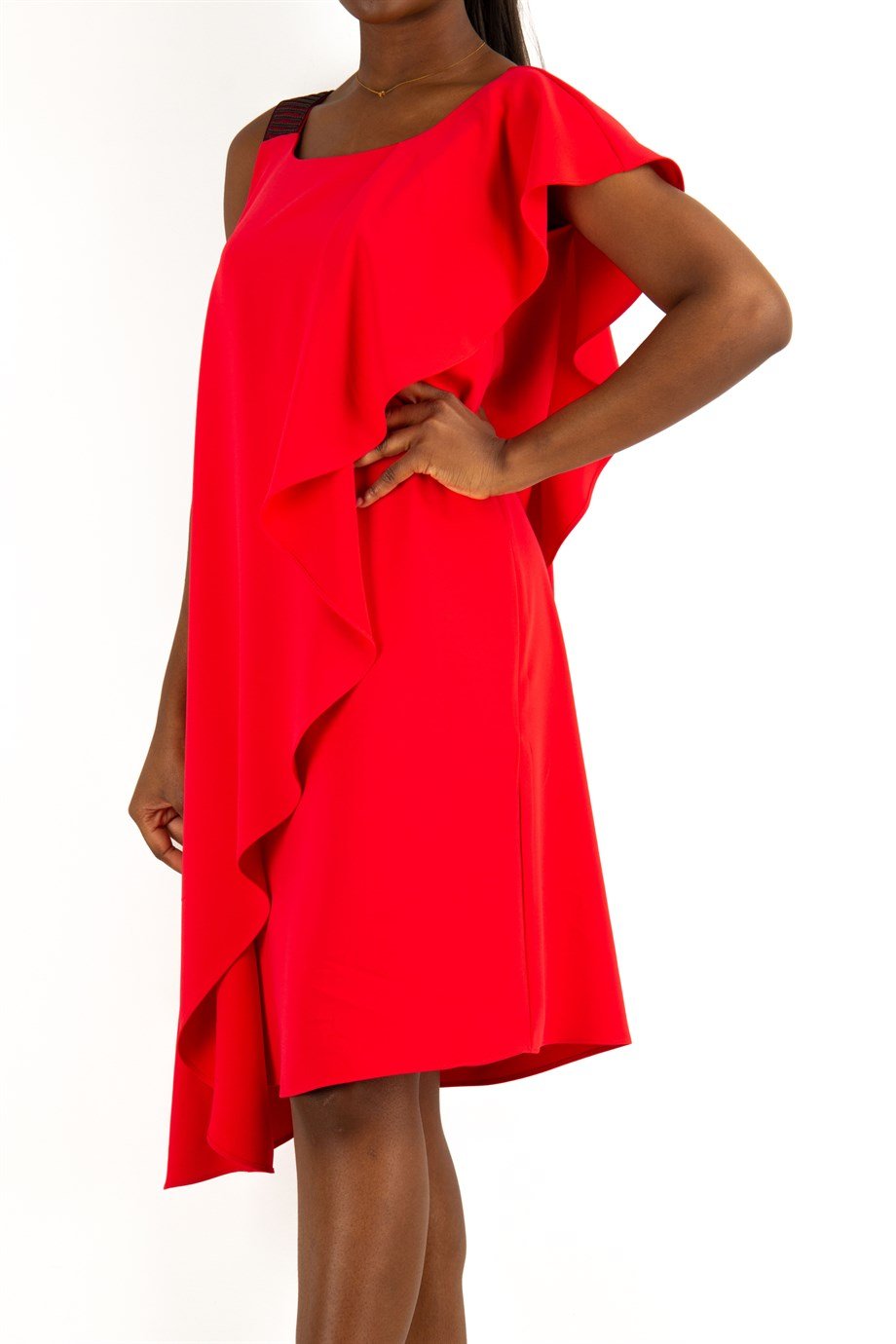 One Shoulder Draped Midi Dress - Red
