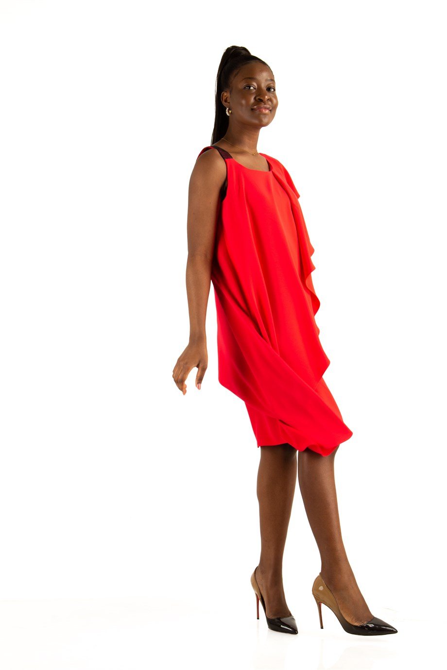 One Shoulder Draped Midi Dress - Red