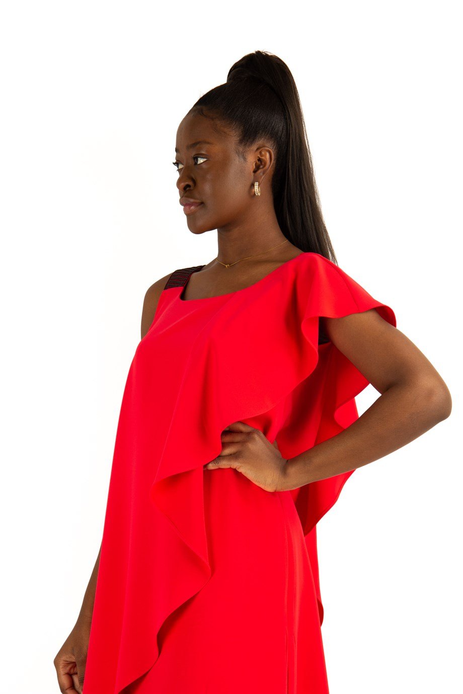 One Shoulder Draped Midi Dress - Red