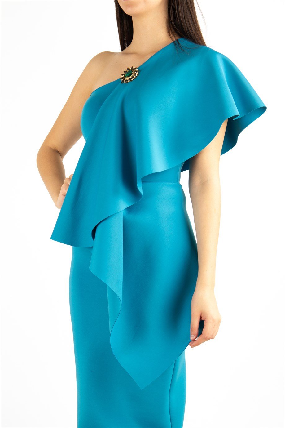 One Shoulder Draped Scuba Maxi Dress With Brooch Detail - Petrol Blue