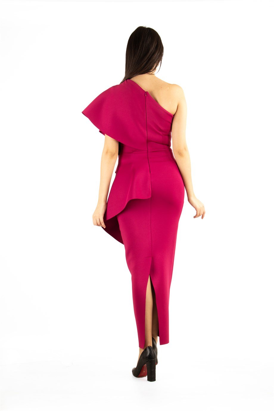 One Shoulder Draped Scuba Maxi Dress With Brooch Detail - Maroon