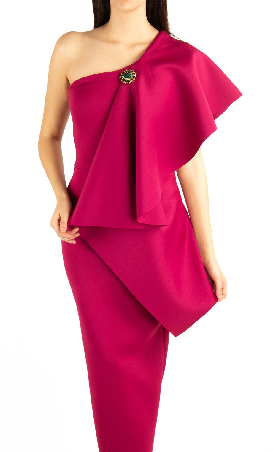 One Shoulder Draped Scuba Maxi Dress With Brooch Detail - Maroon