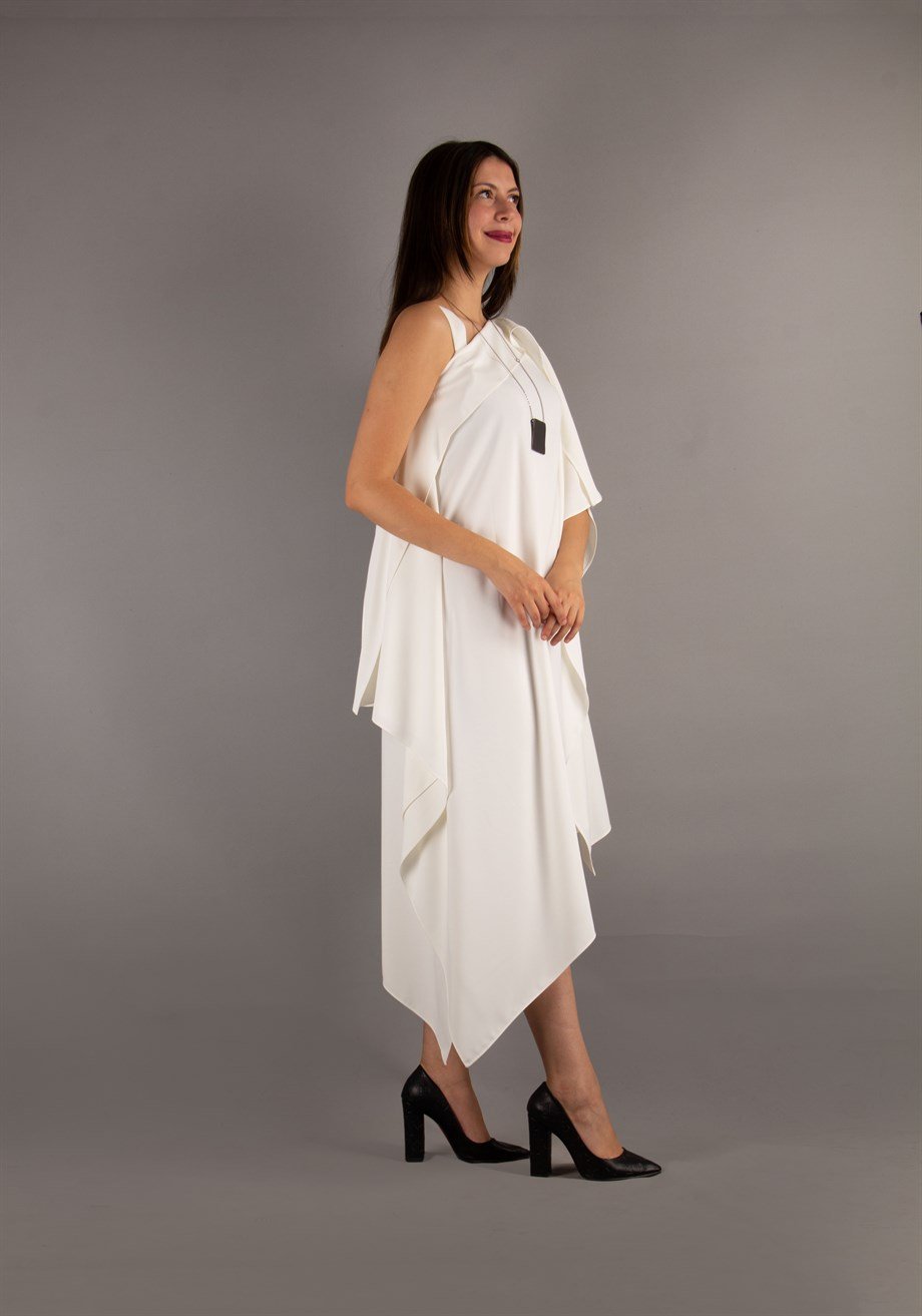 One Shoulder Open Asymmetric Cut Shabby Dress - White