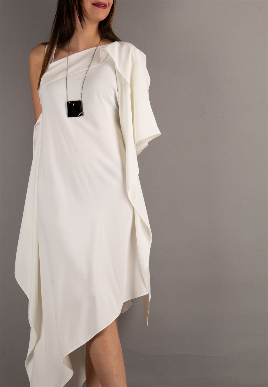 One Shoulder Open Asymmetric Cut Shabby Dress - White