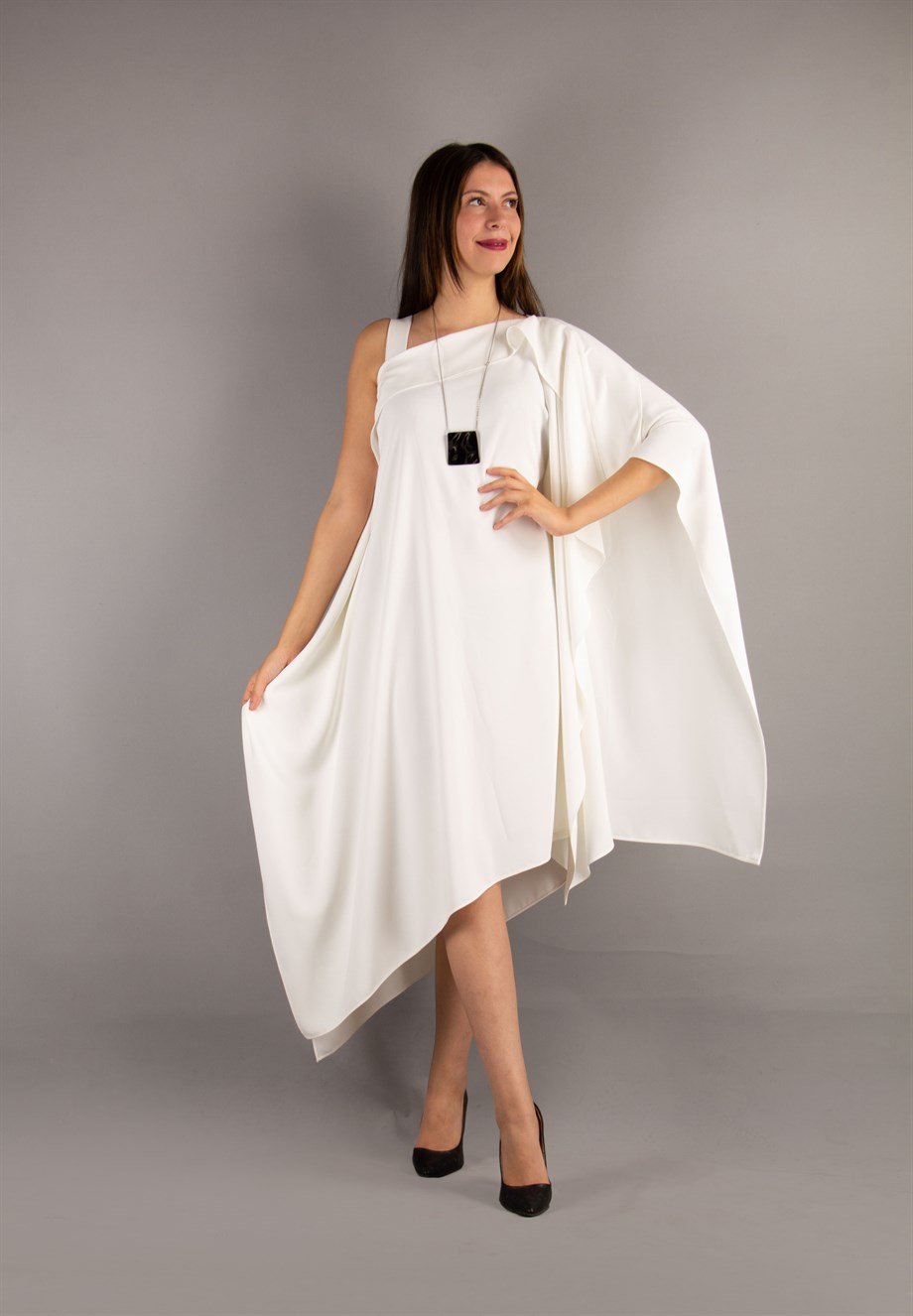 One Shoulder Open Asymmetric Cut Shabby Dress - White