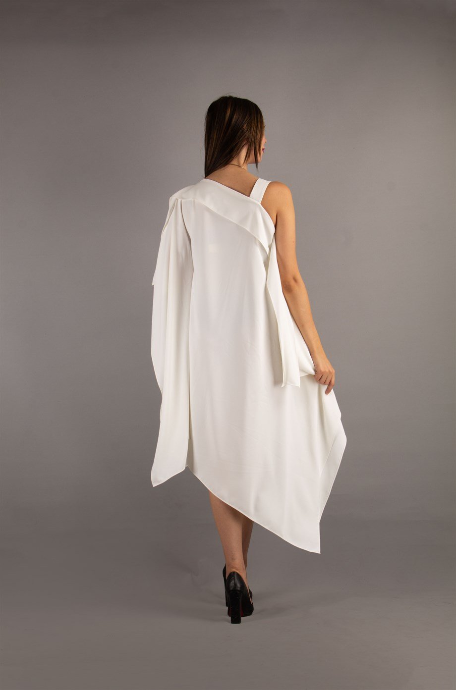 One Shoulder Open Asymmetric Cut Shabby Dress - White