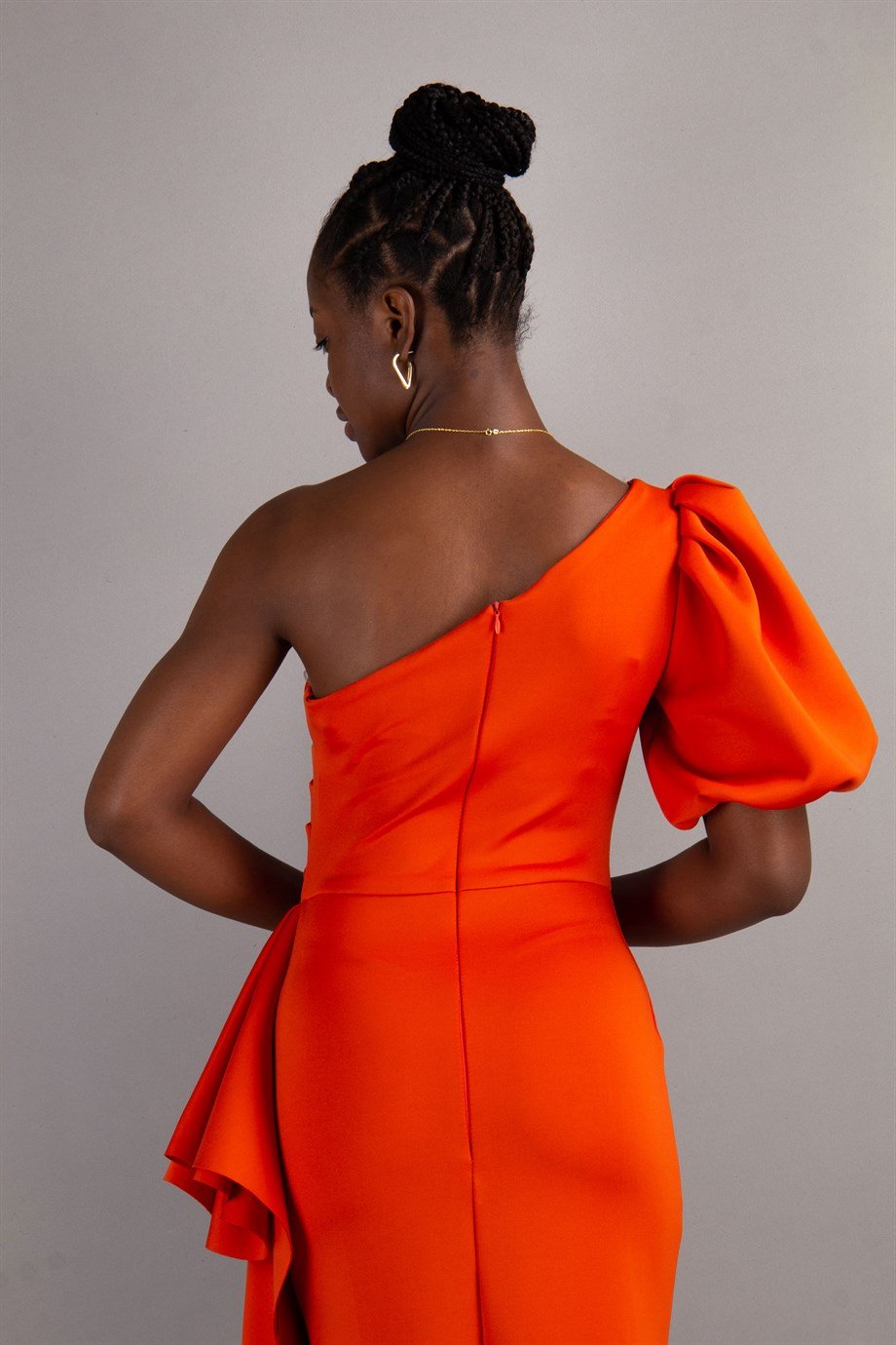 One Shoulder Puff Sleeve Scuba Dress - Brunt Orange