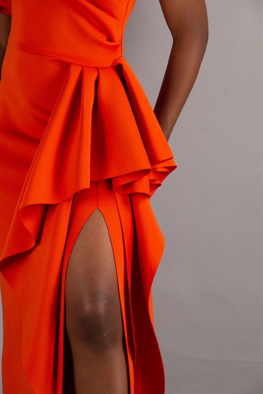 One Shoulder Puff Sleeve Scuba Dress - Brunt Orange