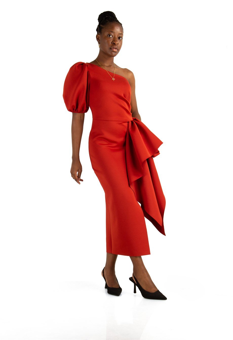 One Shoulder Puff Sleeve Scuba Dress Big Size - Sienna Brown