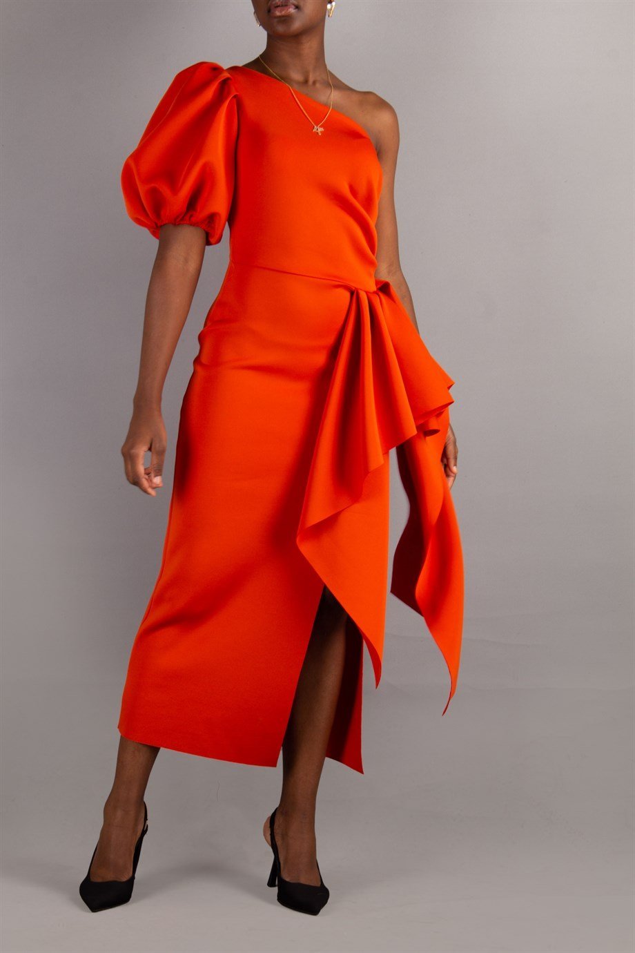 One Shoulder Puff Sleeve Scuba Dress - Brunt Orange