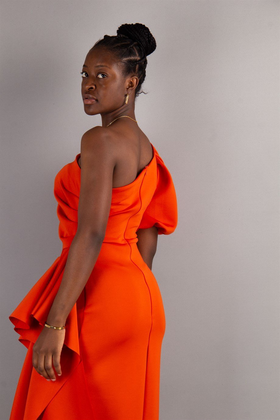 One Shoulder Puff Sleeve Scuba Dress - Brunt Orange