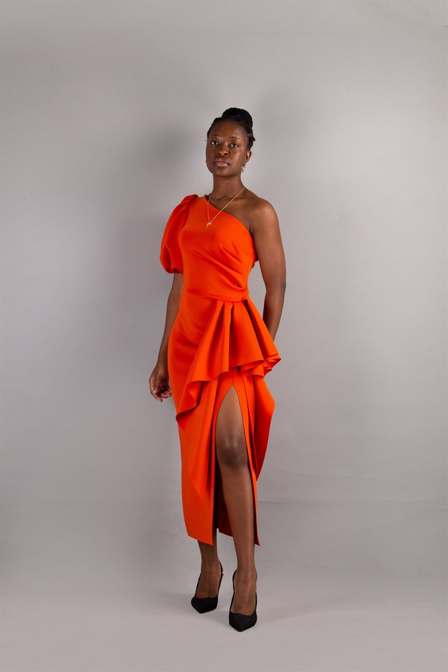 One Shoulder Puff Sleeve Scuba Dress - Brunt Orange