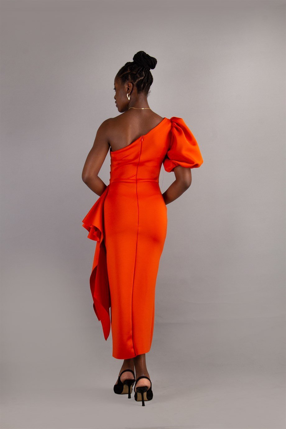 One Shoulder Puff Sleeve Scuba Dress - Brunt Orange
