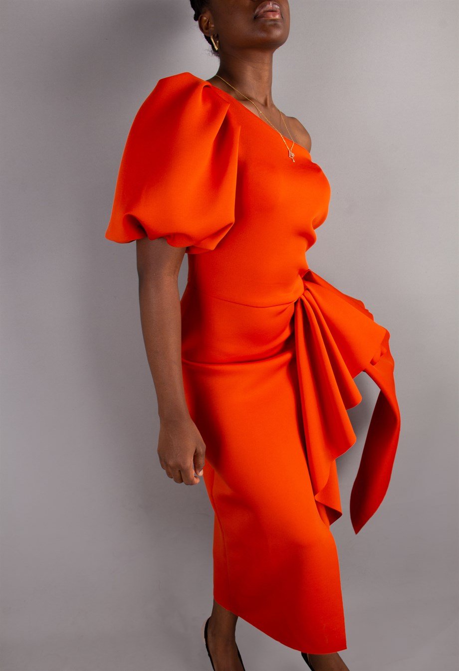 One Shoulder Puff Sleeve Scuba Dress - Brunt Orange