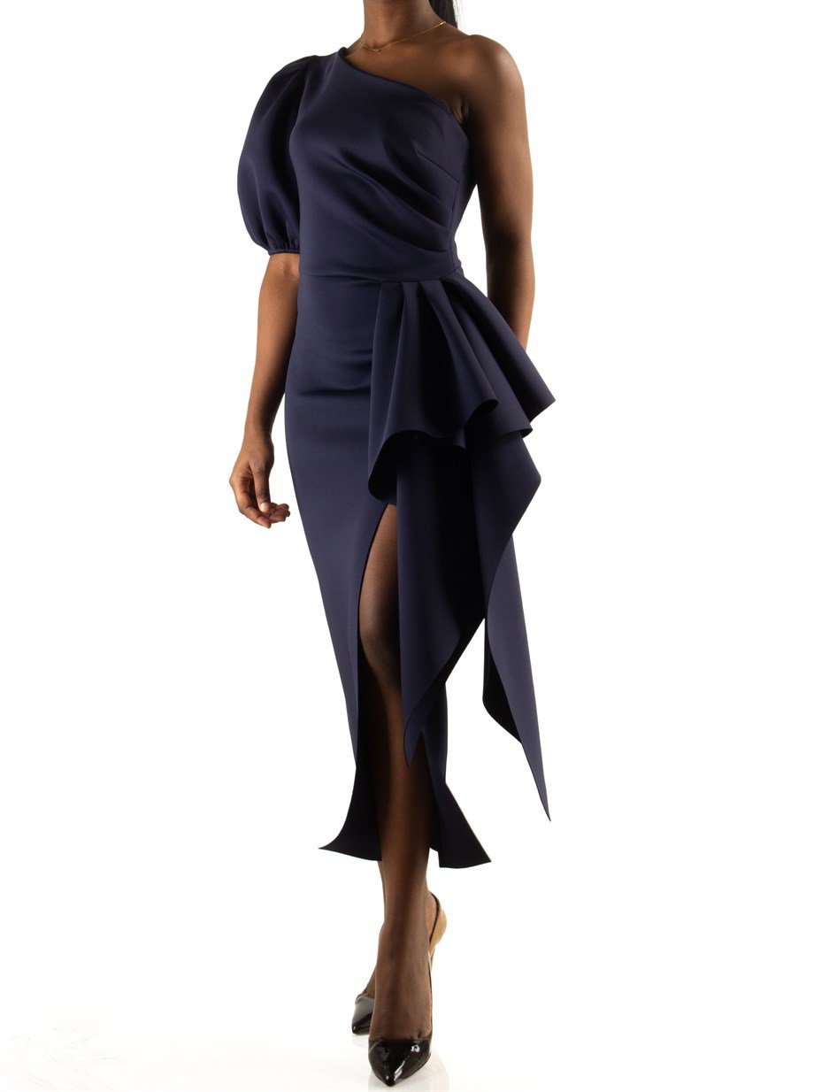 One Shoulder Puff Sleeve Scuba Dress - Navy Blue