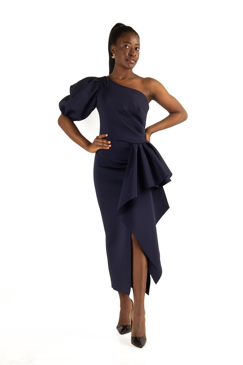 One Shoulder Puff Sleeve Scuba Dress - Navy Blue