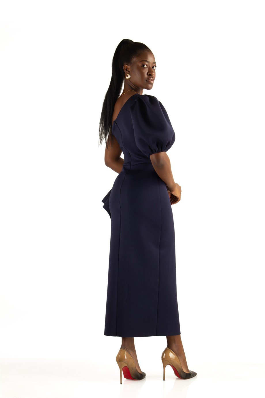 One Shoulder Puff Sleeve Scuba Dress - Navy Blue