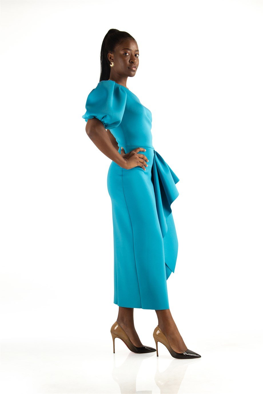 One Shoulder Puff Sleeve Scuba Dress - Petrol