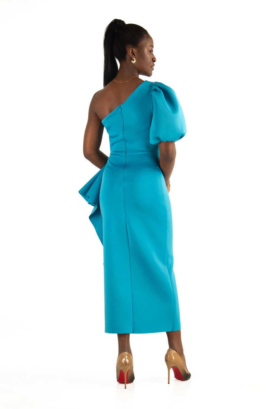One Shoulder Puff Sleeve Scuba Dress - Petrol