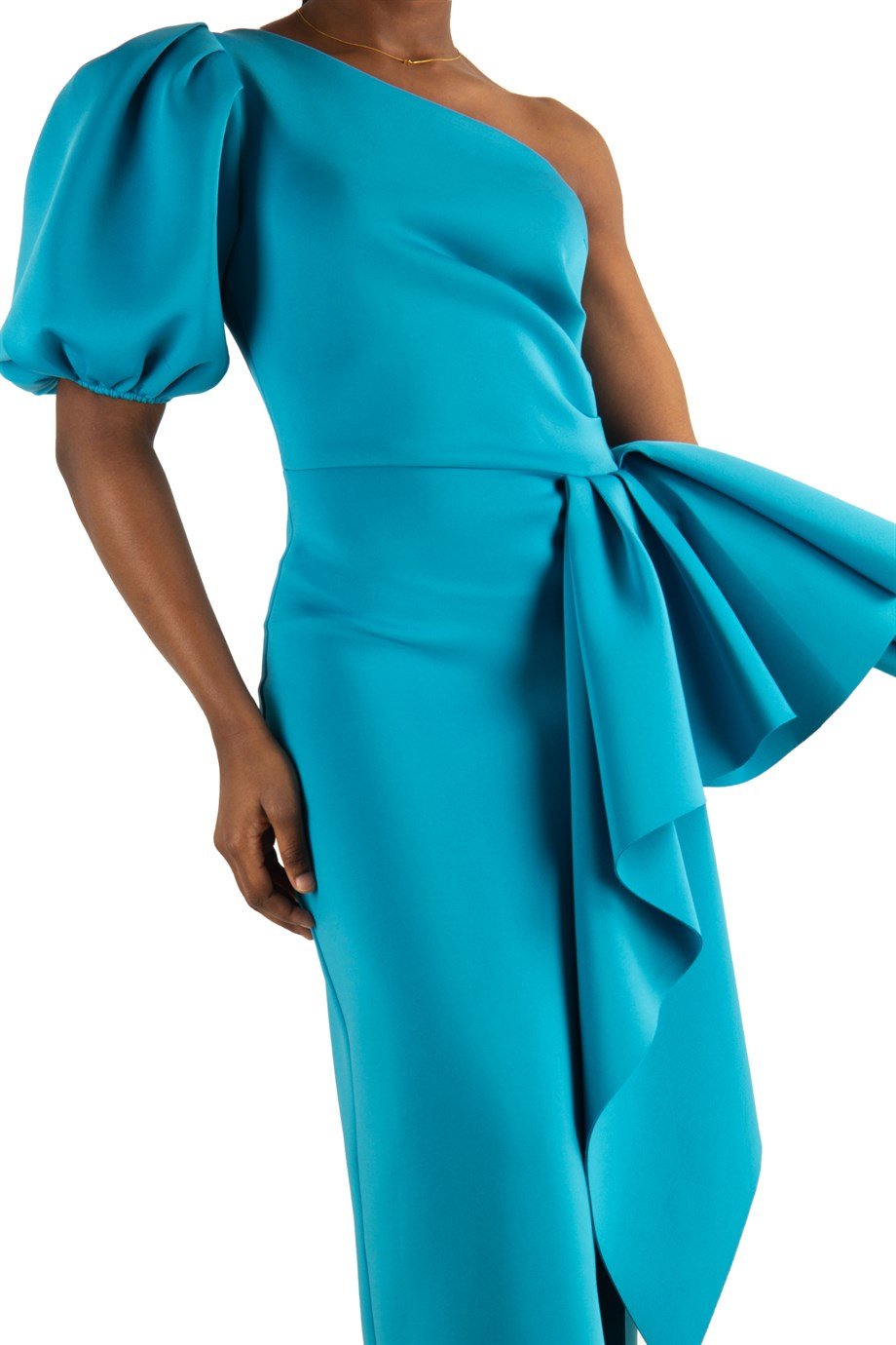 One Shoulder Puff Sleeve Scuba Dress - Petrol
