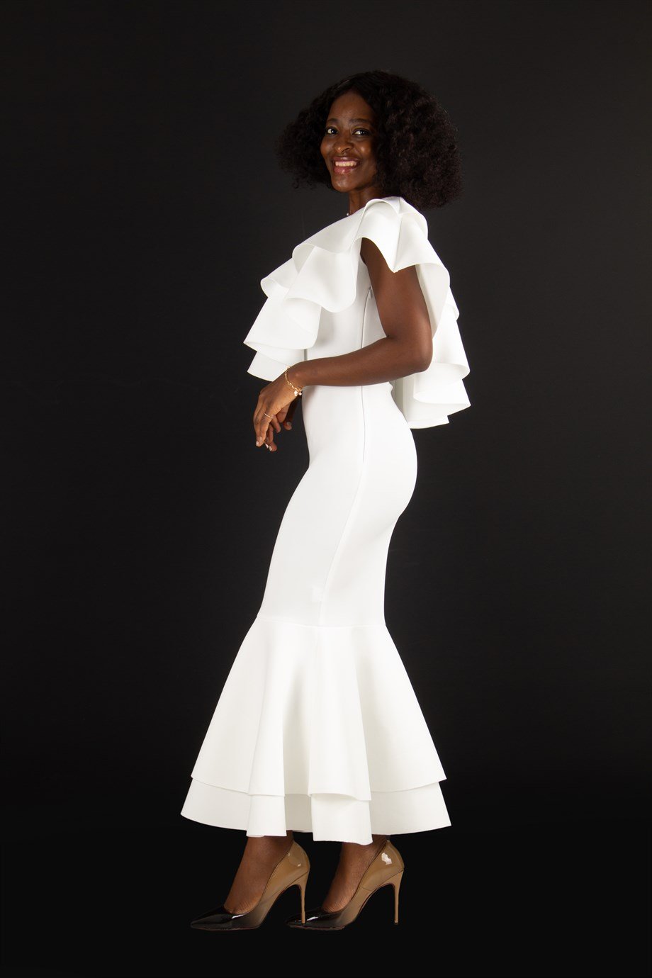 One Shoulder Ruffle Hem Scuba Dress - White